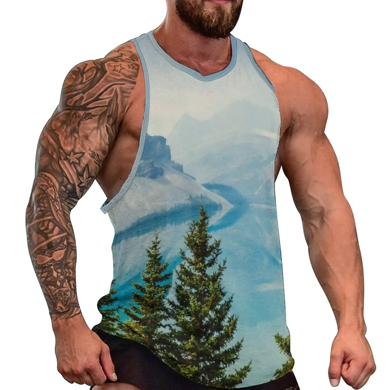 

Winter Mountains Beach Tank Top Tree And Lake Print Training Tops Male Custom Sportswear Sleeveless Vests Large Size