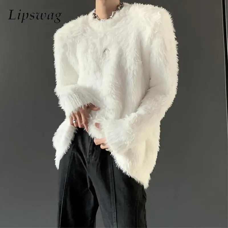 Мужские свитера в стиле Y2K пушистые свободные джемперы с длинными рукавами и