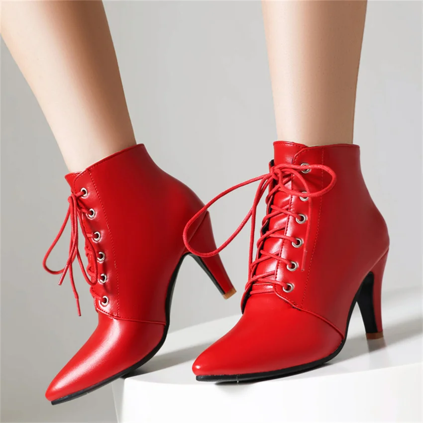 

Женские ботильоны на шпильке, зимние привлекательные Элегантные ботильоны с острым носком и шнуровкой спереди, обувь больших размеров 47 для женщин, Прямая поставка, 2023