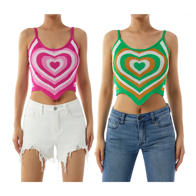 

Women\u2019s Casual U-neck Knitted Camisole Fashion Striped Heart Backless Exposed Navel Vest