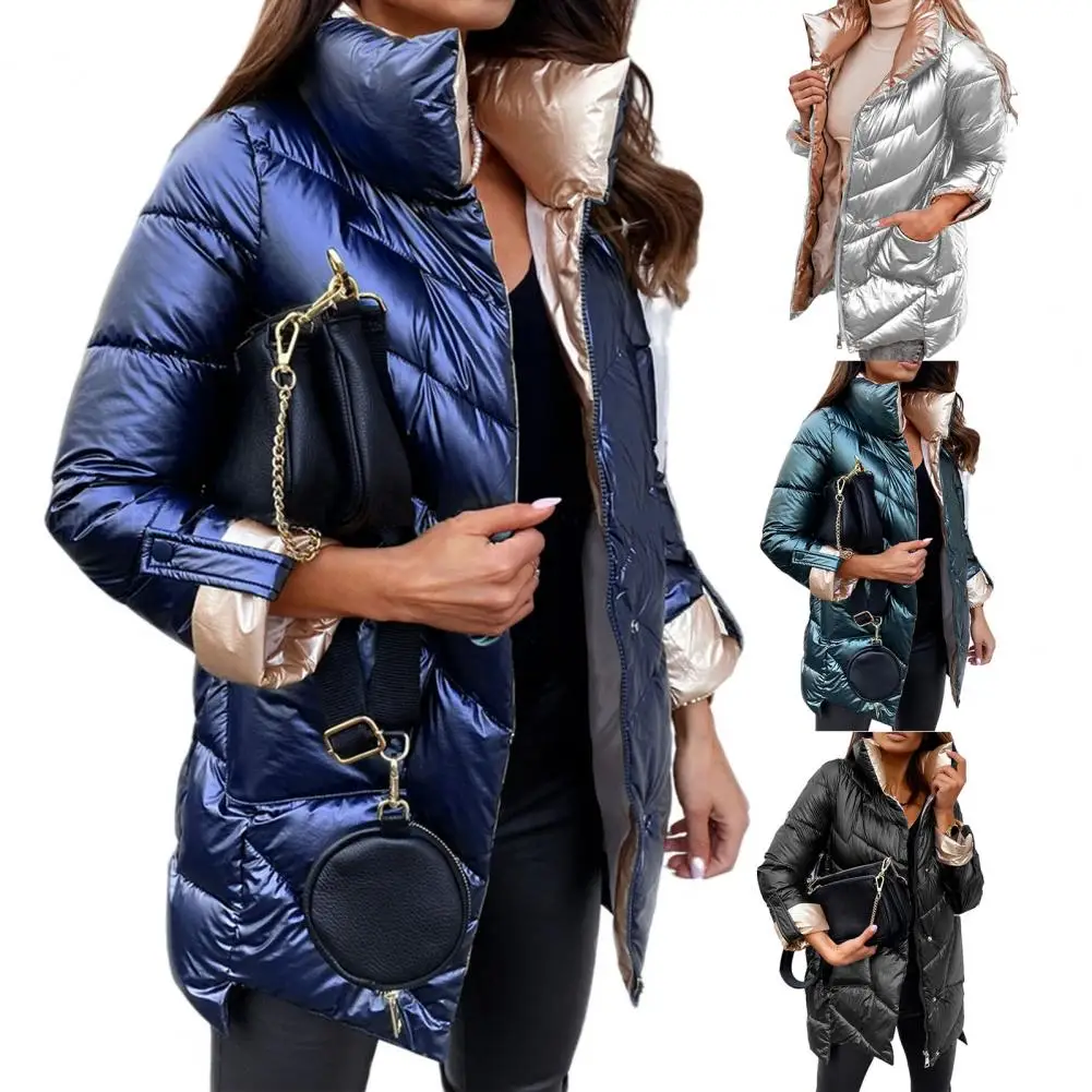 Thick Jacket Solid Color Outwear Zipper Stand Collar Retractable Sleeves Jacket   Quilted Coat  for Outdoor