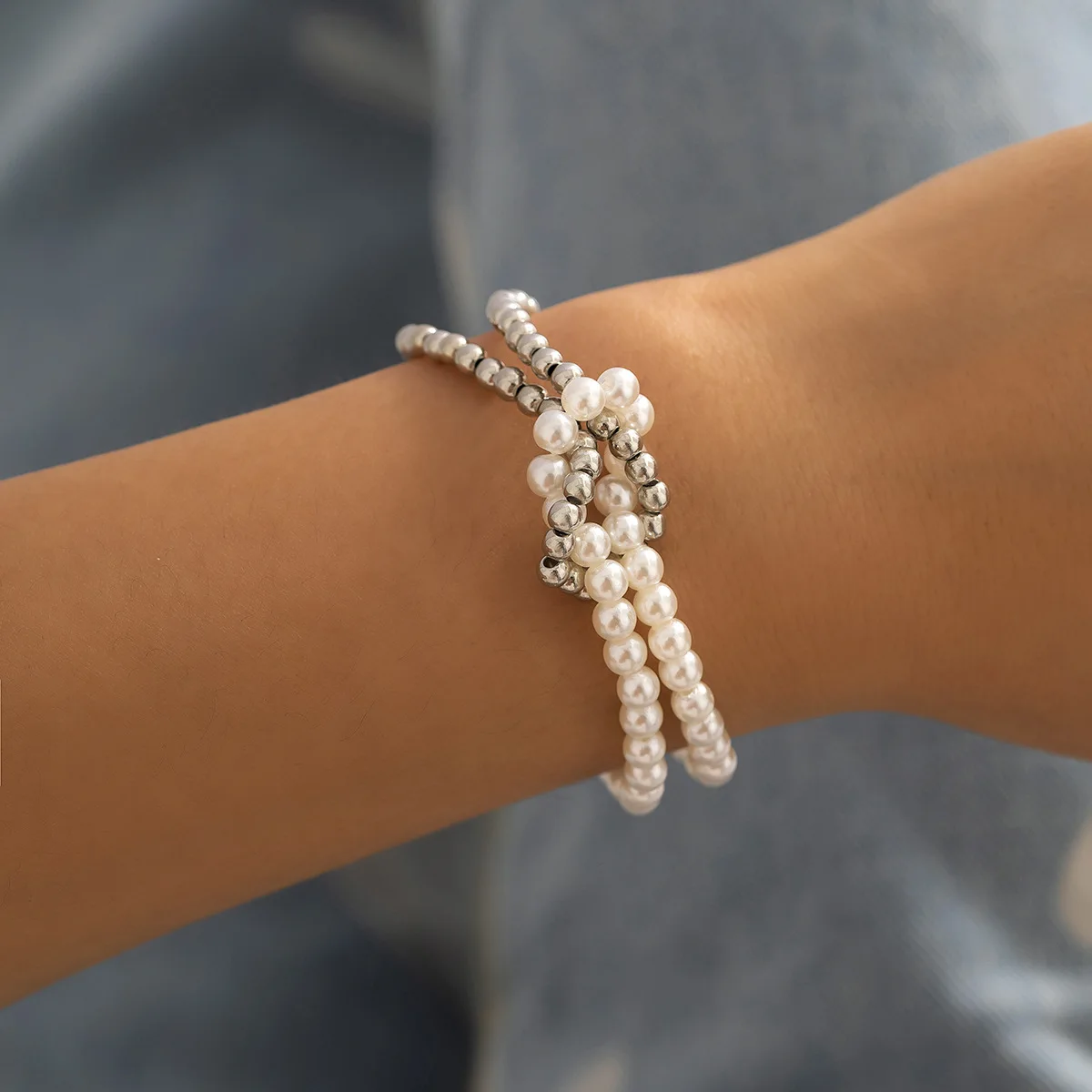 

New 2022 Simple Imitation Pearl Stitching Ball Beads Knotted Cross Bracelet Geometric Fashion Bracelet Jewelry Gift