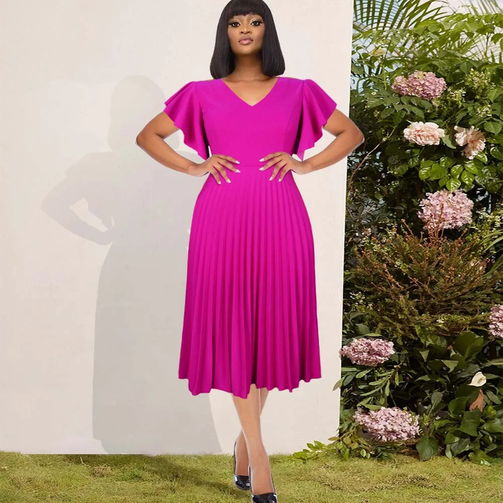 

Вечернее платье с V-образным вырезом, плиссированное женское платье средней длины, розово-красное банкетное платье, Летняя женская одежда ...