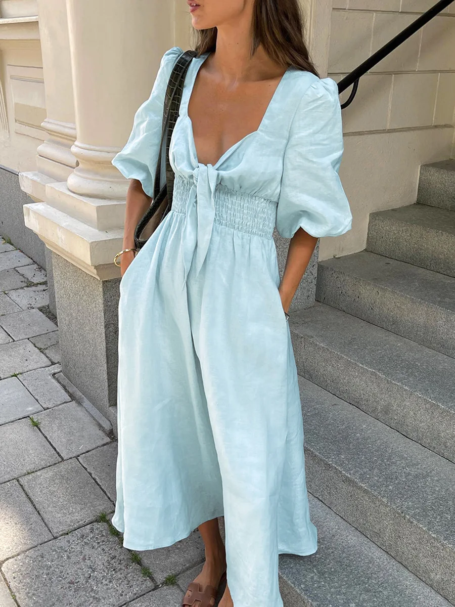 

Clothland Women Sexy Bow Tie Cotton Linen Dress Deep V Neck Short Sleeve Elastic Waist Retro Midi Dresses Vestido QC222