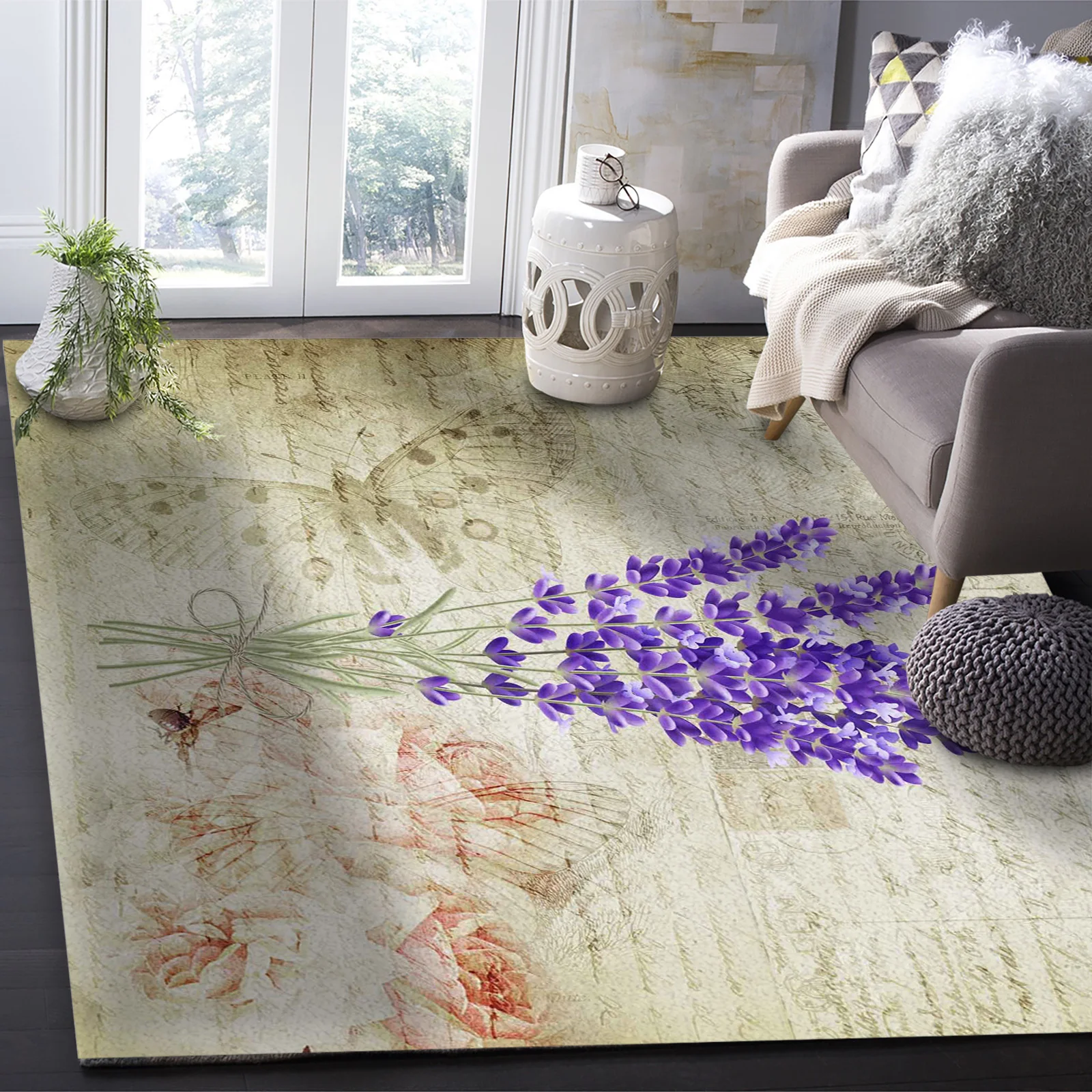 Flower Retro Plant Lavender Purple Carpet for Living Room Bedroom Decor Vintage Right-Angle Rectangular Rug Home Outdoor Mat |
