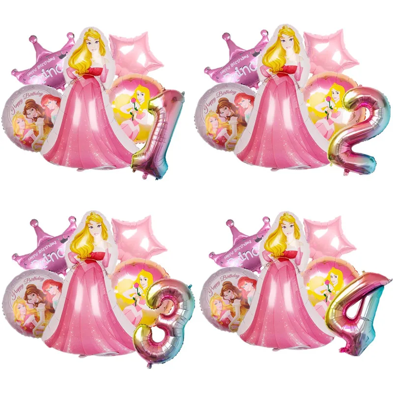 Disney-globos de papel de aluminio para fiesta de cumpleaños, globos de papel de aluminio con diseño de princesa Aurora, Bella Durmiente, Ariel, Bella, Baby Shower, corona rosa y estrella