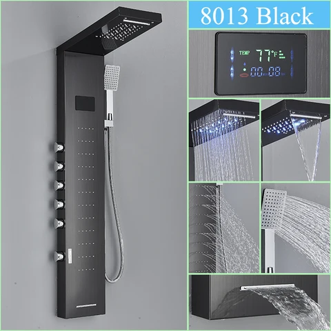 Душевая панель для ванной комнаты с цифровым дисплеем, светодиодный дождевой кран «Водопад», многофункциональный башенный смеситель для душа с обратной струей