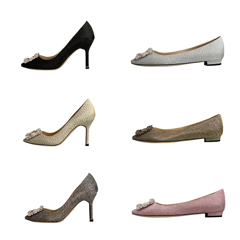 Fashion Women's Single Shoes Spring and Summer New Style Rhinestone Square Buckle Flat Bottom Pointed Party High Heels