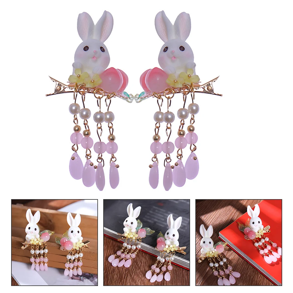 

1 Pair Vintage Tassel Hairpins Tassel Hair Clips Rabbit Peach Headdress
