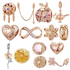 Wostu горячая Распродажа, очаровательные 925 пробы, серебро, золото, розовый цветок, божья коровка, оригинальные бусины, серебро 925 пробы, ювелирное изделие, подарок