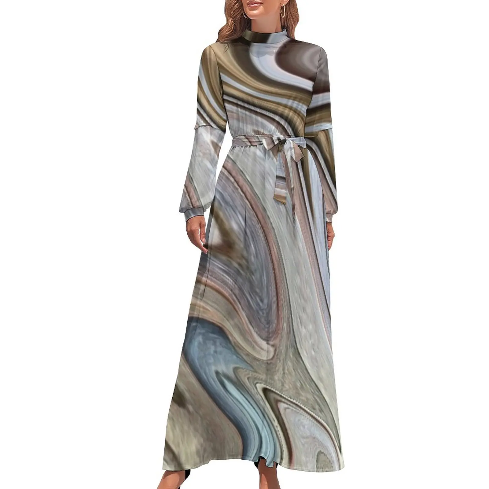 

Liquid Art Print Dress Cool Abstract Swirls Vintage Print Maxi Dress High Waist Long-Sleeve Aesthetic Bohemia Long Dresses