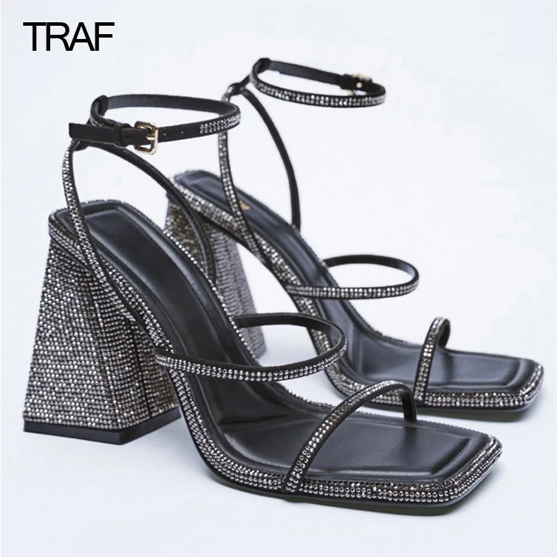 

TRAF New Woman Summer 2022 Women's Rhinestone Heeled Sandals Elegant Slingback High Heel Square toe Peep toe High-heeled Sandals