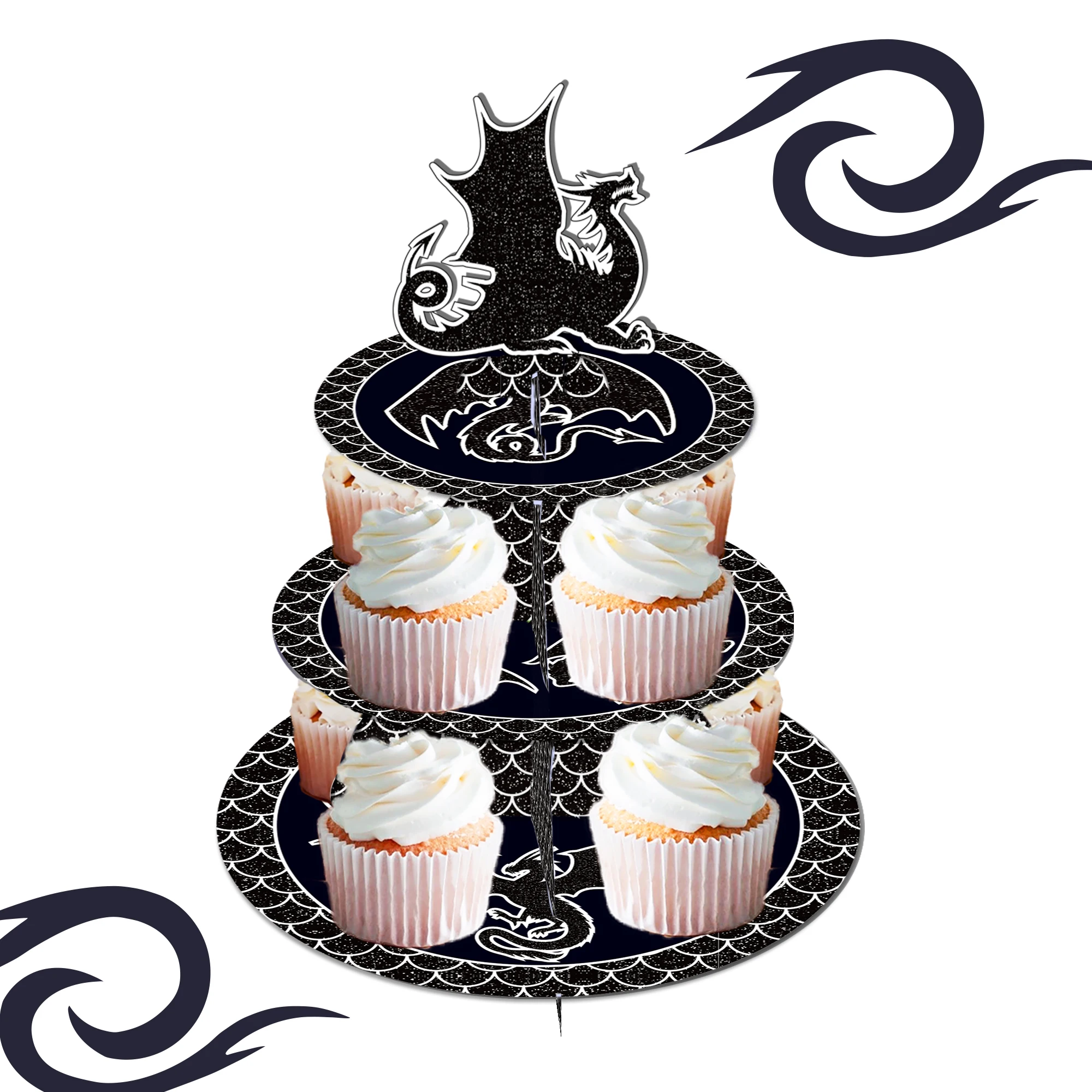 

3-tiers Cartoon Dinosaur Dragon Birthday Party Paper Cupcake Display Stand Wild ONE Jungle Animals Baby Shower Party Decorations