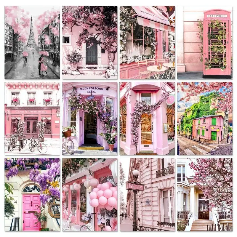 

GATYZTORY Diy Framed Paint By Numbers For Adults Pink House Picture Coloring By Numbers Landscape Handmade Kits On Canvas Gift