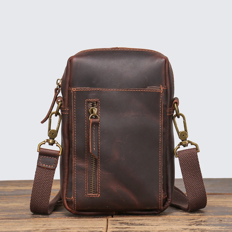 

Bag Layer Sling Shoulder Small Men's Vintage Genuine Zipper Cowhide Bag First Leather Bag Crossbody Phone