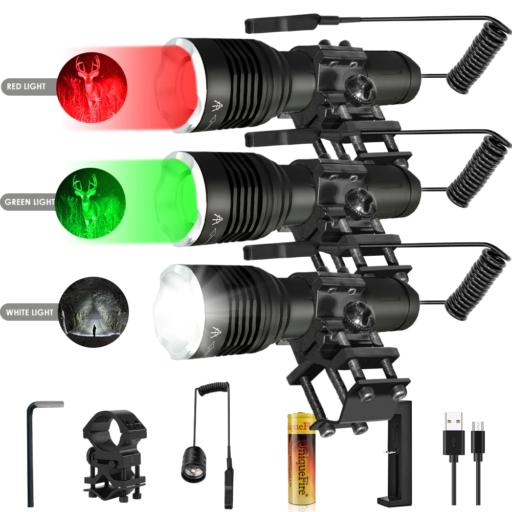 

Светодиодный фонарик UniqueFire 1506 XRE/XM-L2, красный/зеленый/белый свет, фонарик с зумом, 3 режима, портативный тактический фонарь, водонепроницаемы...
