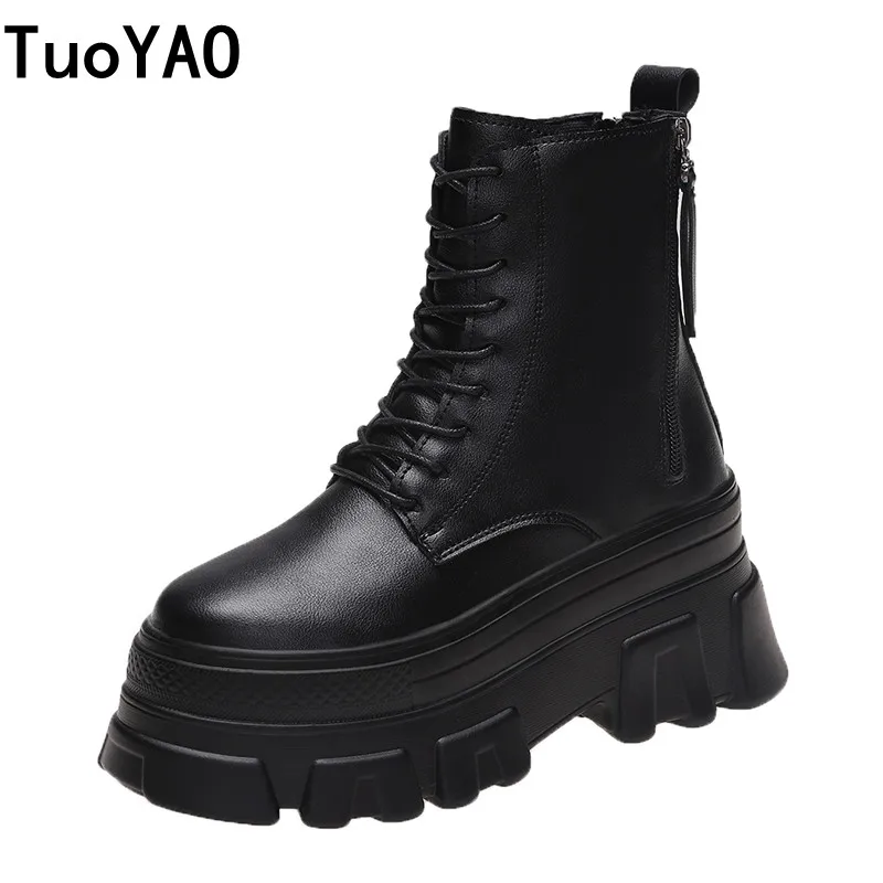 

Женские ботильоны на высоком каблуке 8 см на толстом каблуке черные ботинки на шнуровке на массивном каблуке Демисезонные кожаные женские б...