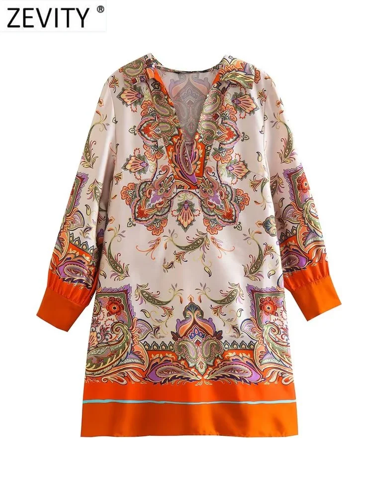 

Zevity Women Vintage V Neck Paisley Totem Floral Patchwork Print Casual Straight Mini Dress Female Retro Kimono Vestidos DS2275