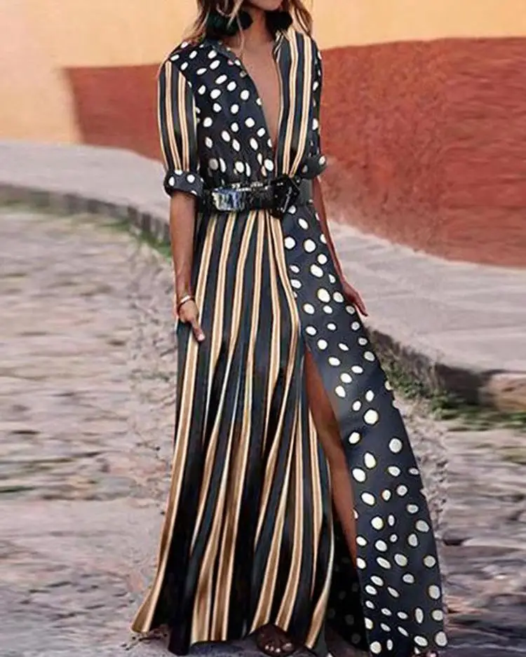 

Ladies Holiday Wear Short Sleeve Dots Colorblock Stripes Plunge High Slits Summer Casual Women's Maxi Dress Sexy Party Robes