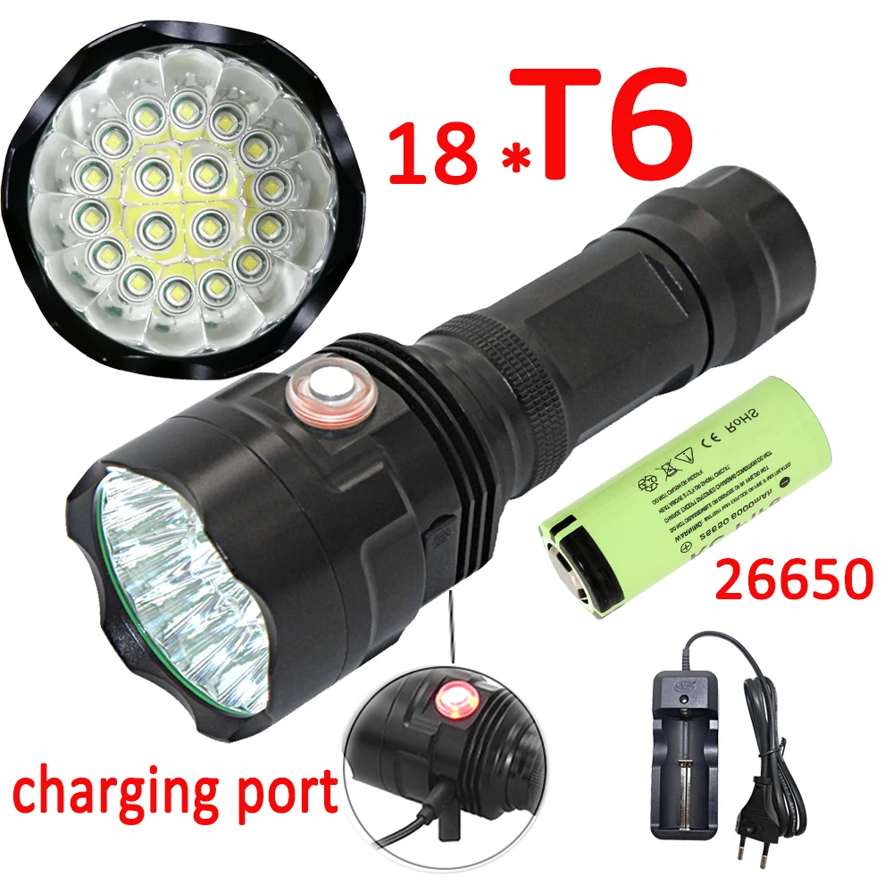 

USB Rechargeable 18x XML T6 LED Flashlight 20000LM torch Lamp Powerful lanterna for camping +26650 Battery + Charger