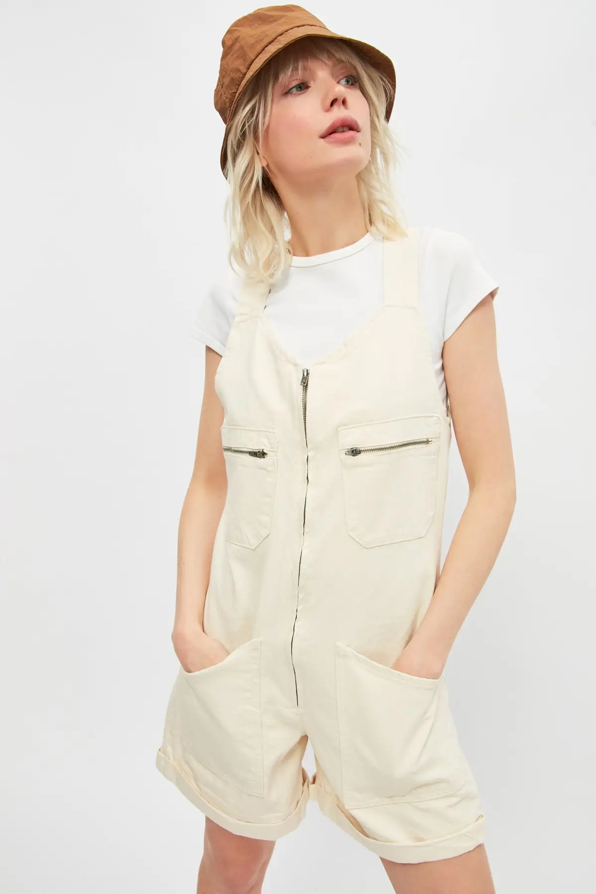 

Ecru, Pocket Detail, Zipper Denim Jumpsuit, Women Natural Cotton Woven Fabric, 4 Seasons, quality Planting, Solid Fabric, Modern Design