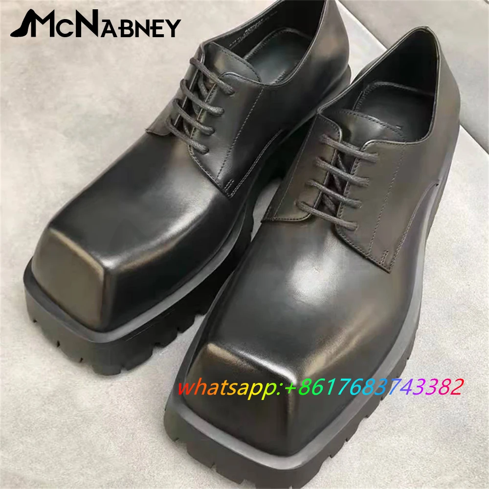Chunky Heel Square Toe Leather Shoes for Men Women Lace Up Fashion Flat Shoes Novelty Design Luxury Style Black Leather Shoes
