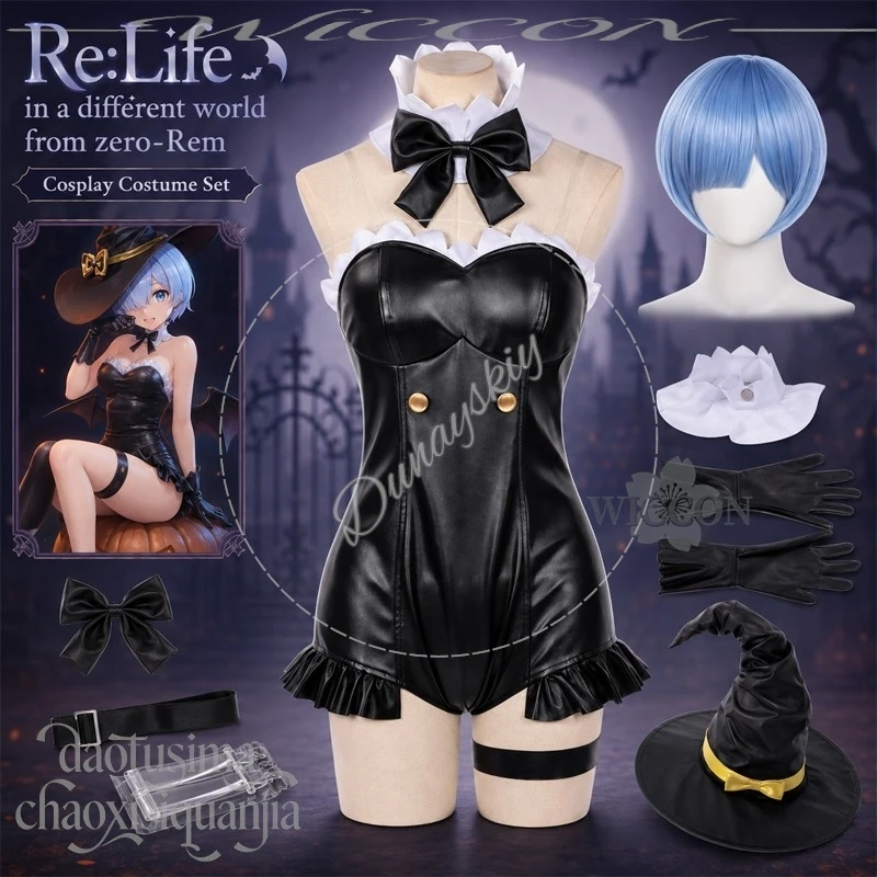 Фото Аниме Re Zero: Магическая ведьма, черный комбинезон, шляпа Рем, пояс, перчатки, косплей, костюм «Волшебник мечтательной ночи», готические парики, костюм для Хэллоуина. №2