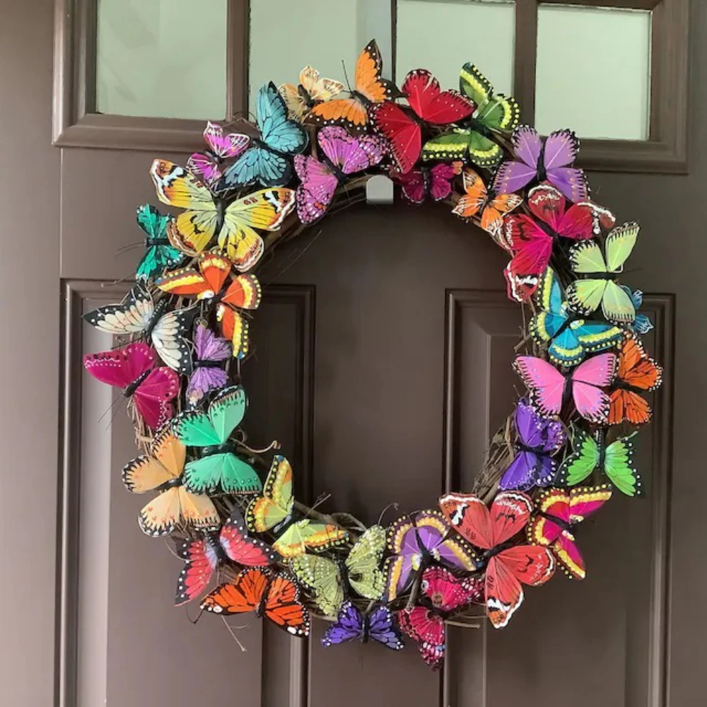 

Butterfly Wreath Spring Summer Front Door Hanging Decoration Artificial Multicolored Butterfly Fluttering in The Wind Garland