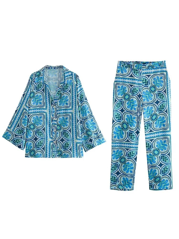 

TRAF 2023 Summer Printed Causal Blouse Pant Sets Fashion Thin Turn Down Collar Single Breasted Tops+Zipper Ankle-Length Pants