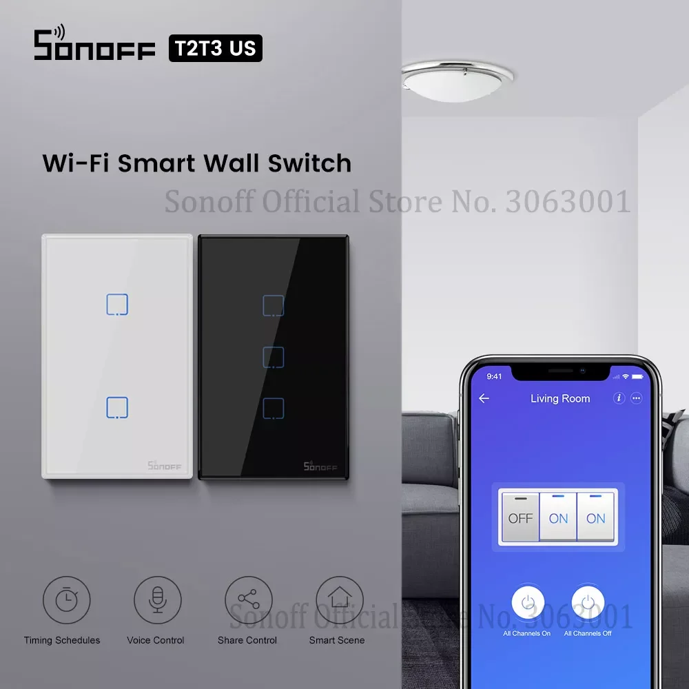 

Умный настенный сенсорный переключатель T2/T3 US Wifi с границей, дистанционное управление на 1/2/3 клавиши, Wi-Fi световые переключатели для автомат...