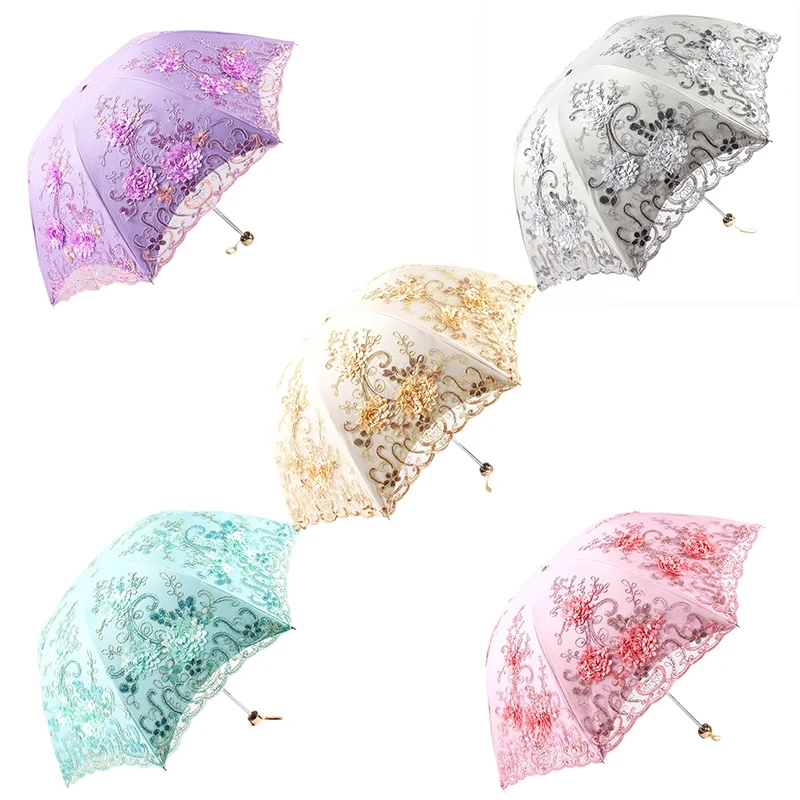 

Lace UV Sun Parasol Folding 3D Flower Embroidery Umbrella Outdoor Parasol Summer Wedding Flower Umbrella