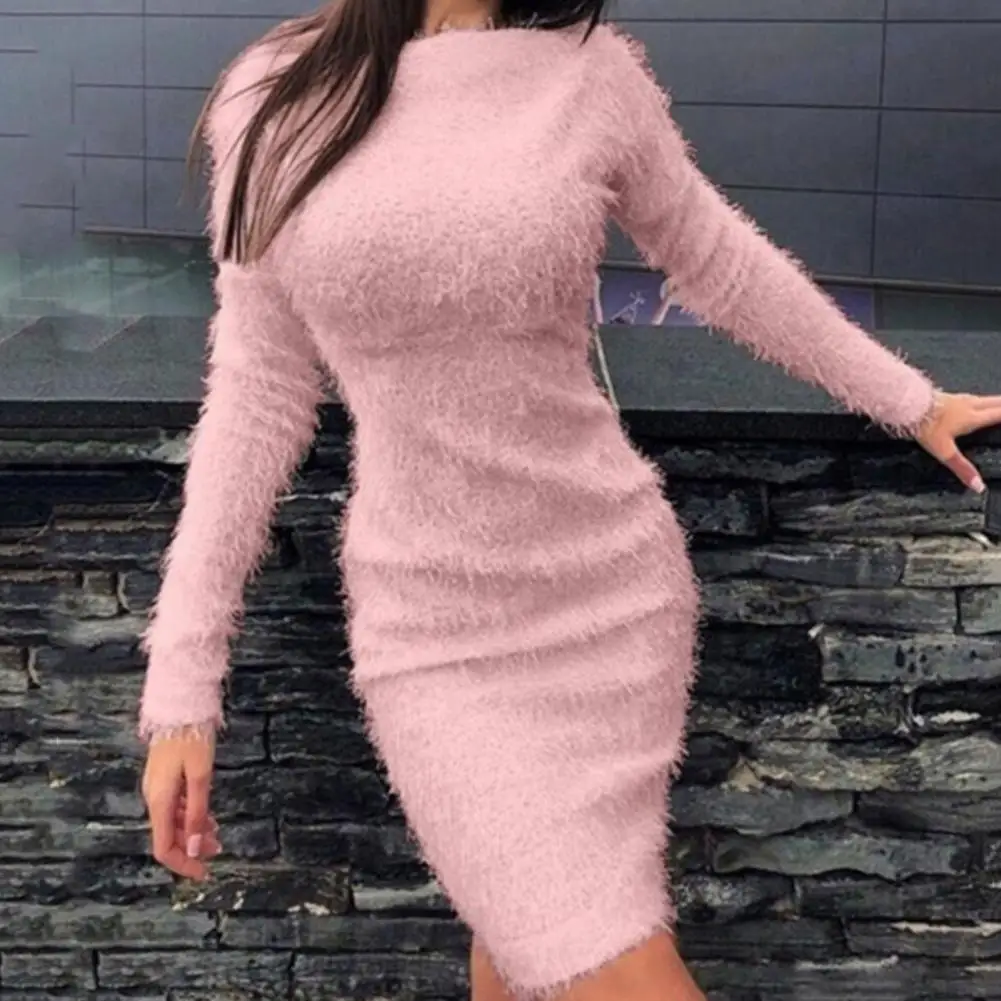 

Popular Party Dress Fluffy Round Neck Washable Slim Fit Winter Sweater Dress