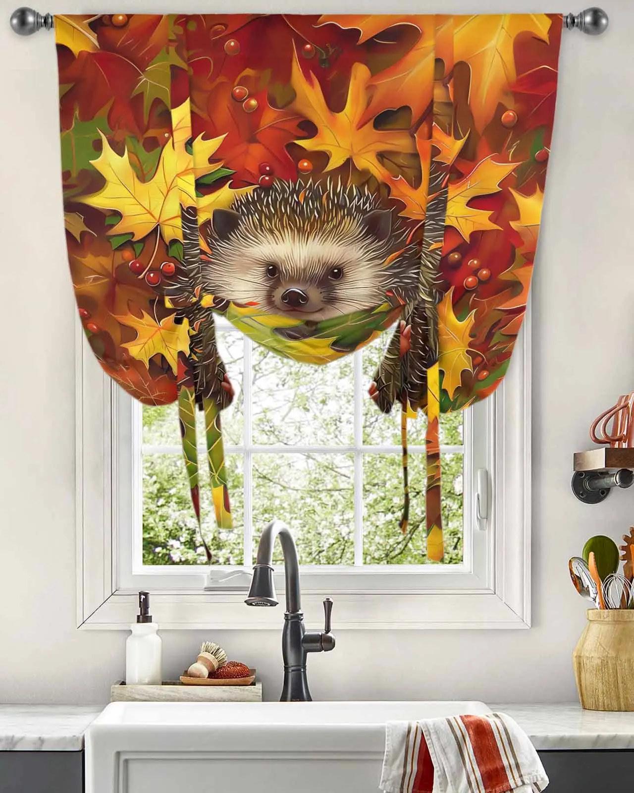 Осенняя занавеска на окна в виде кленового листа с ежиком для гостиной спальни