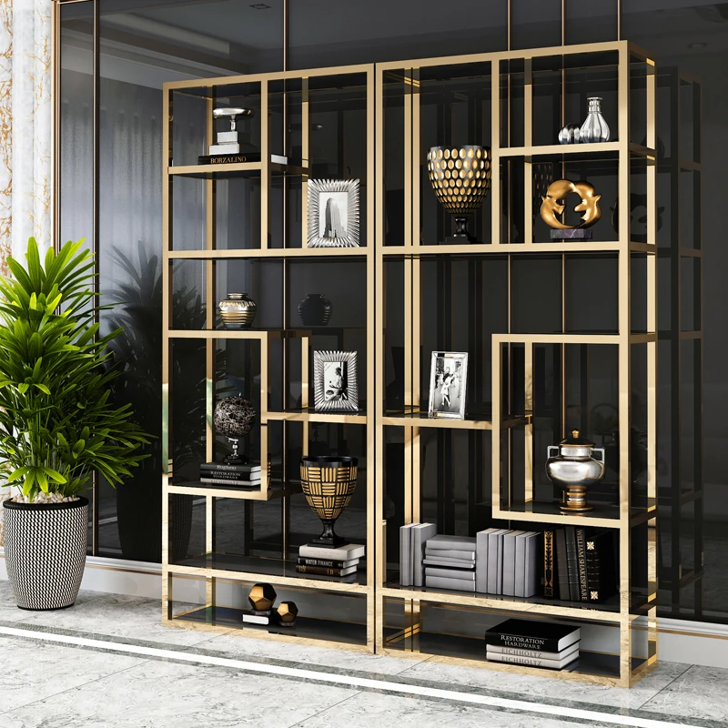 

Light Luxury Bookshelf Floor Living Room Shelf Simple Modern Office Stainless Steel Partition Display Stand Metal Bookcase