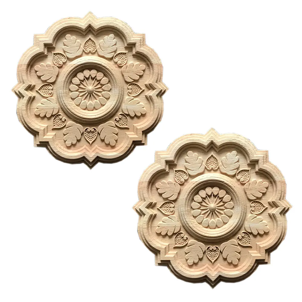 

2pcs Natural Wood Carving Appliques for Furniture Cabinet Door Unpainted Round Wooden Mouldings Decal Corner Vintage Home Decor