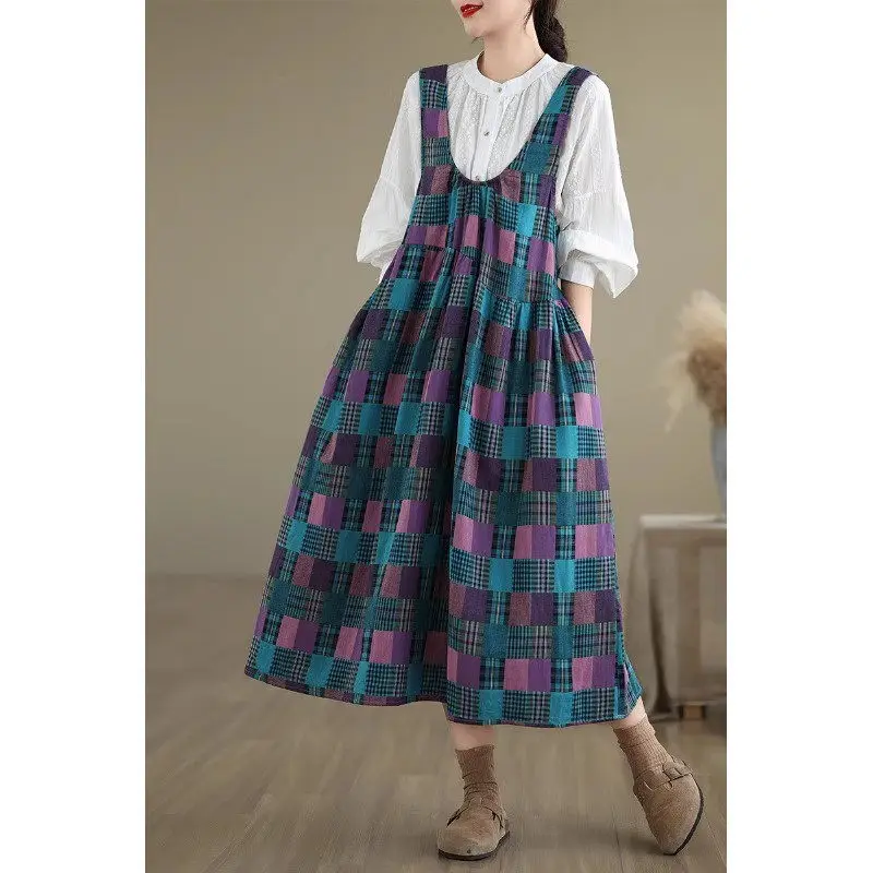 Новинка осени 2024 ретро художественное цветное клетчатое платье без рукавов