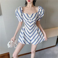 fashion woman puff sleeve jumpsuits elegant square collar striped short beach women playsuits cottagecore rompers sexy hollow