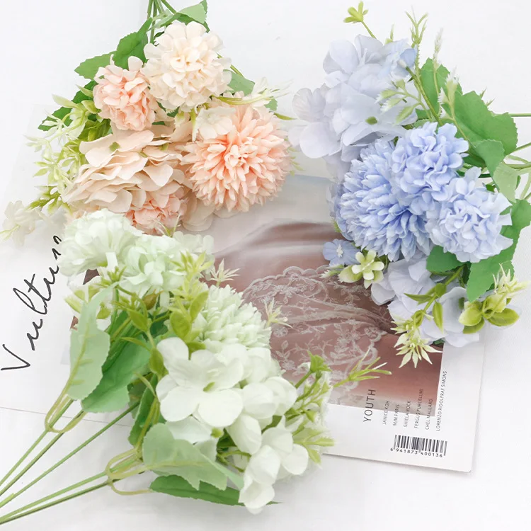 

Simulated Flower 5-pronged Small Handle Bundle European Style Hydrangea Hand Held Flower Ball Chrysanthemum Mixed