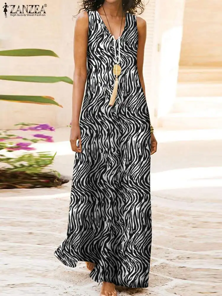 

Платье ZANZEA женское с принтом в полоску, праздничный модный элегантный сарафан до середины икры без рукавов, с V-образным вырезом, пляжные пла...