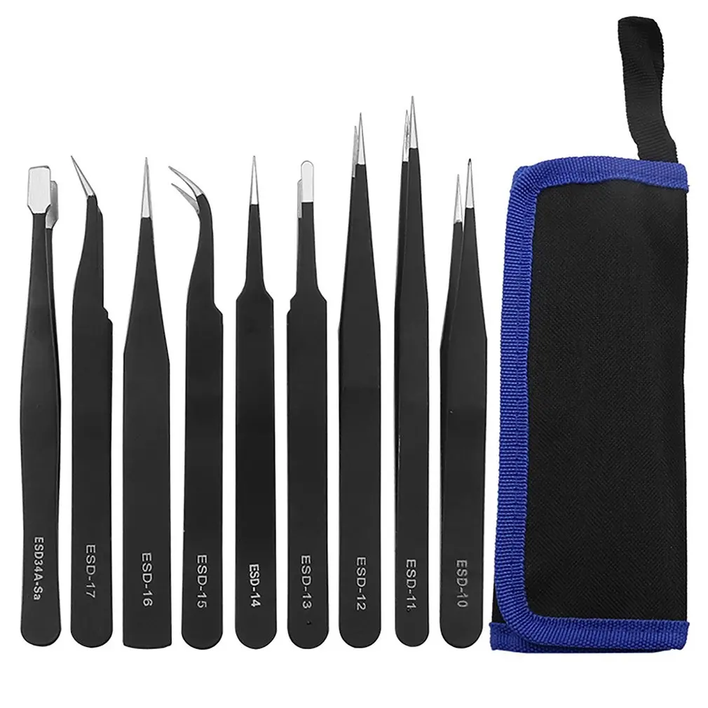 

9Pcs Tweezer Set Anti-Static Stainless Steel ESD Tweezers Non Magnetic Tips For Electronics Repair Soldering Crafting Jewelry