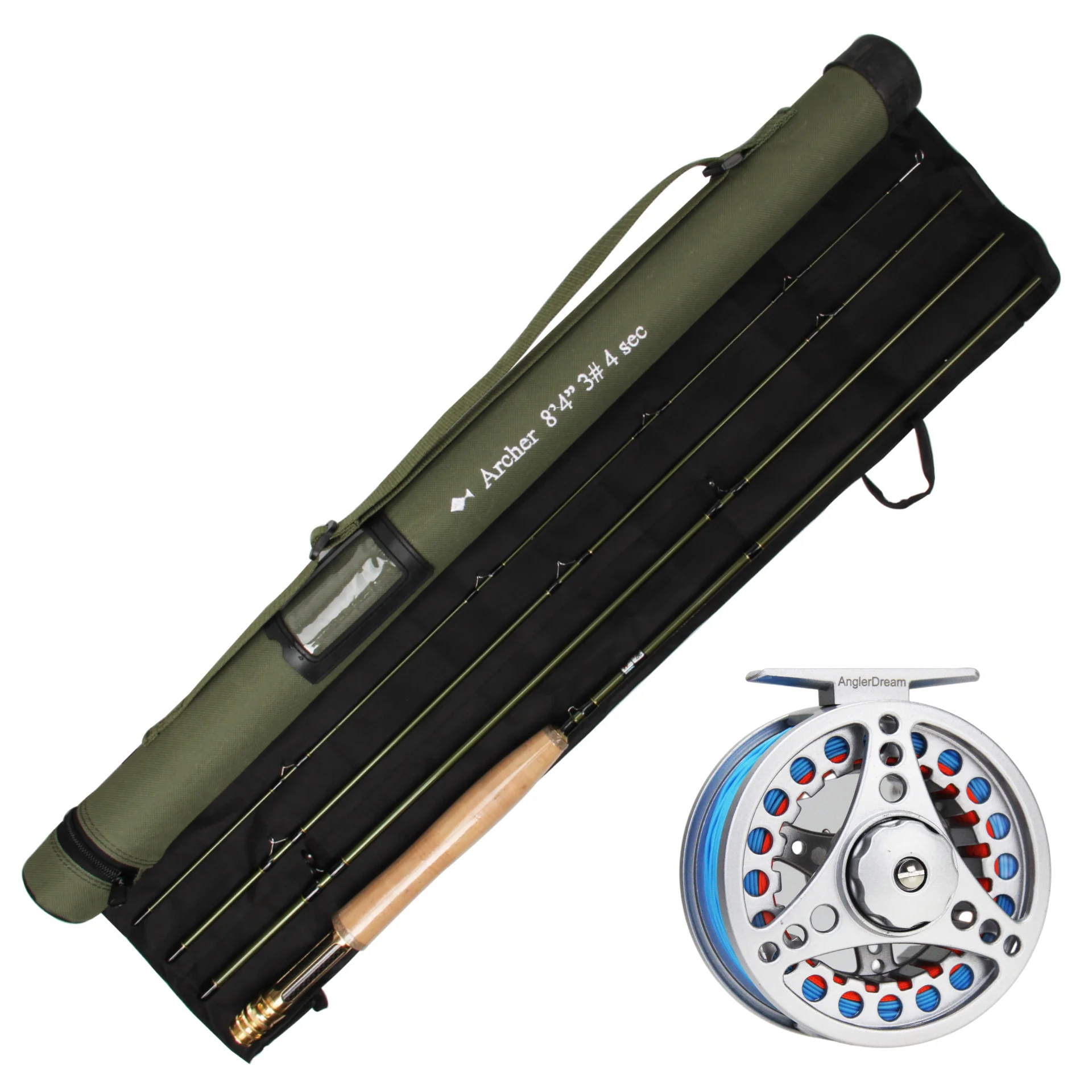 8'4'' 3WT 4Pieces Carbon Archer Fly Fishing Rod & 3/4WT Silver Blue Reel Combo Green Fly Rod Graphite IM 10 / 36T Carbon Fiber