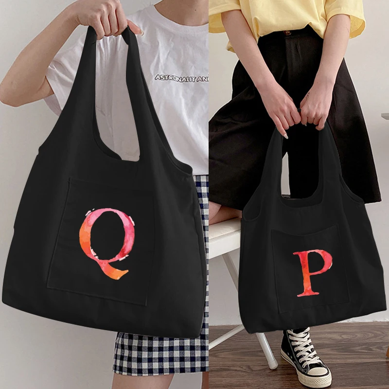 

Canvas Bag for Women Vermilion Letters Shopper Female Handbags Storage Shoulder Large Capacity Tote Reusable Eco Shopping Bags