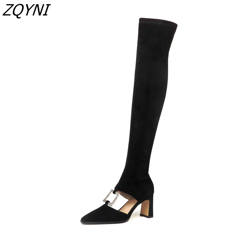 

Luxury women's thin high-heeled boots Rhinestone metal hollow toe cap high-heeled elastic leather sexy fashion new ankle boots