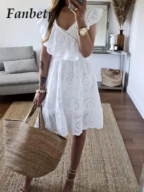 

Women Elegant Solid Embroidery Lace Party Dress Summer Sexy V-Neck Hollow Out Beach Dress Ladies Fashion Butterfly Sleeve Dress