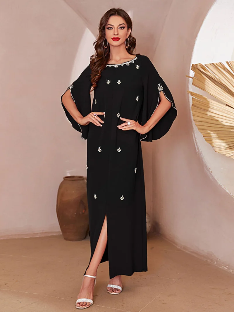 

Evening Dresses Moroccan Party Kaftan for Women Rhinestones Embelishments Muslim Arabian Banquet Long Dress Gulf Jalabiya Abaya