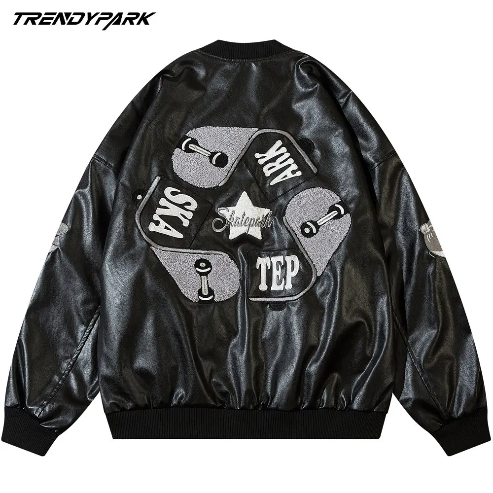 

Men's Jacket Zipper American Vintage Embroidery Motorcycle Varsity Bomber Jacket Harajuku Streetwear Casual Faux Leather Jacket