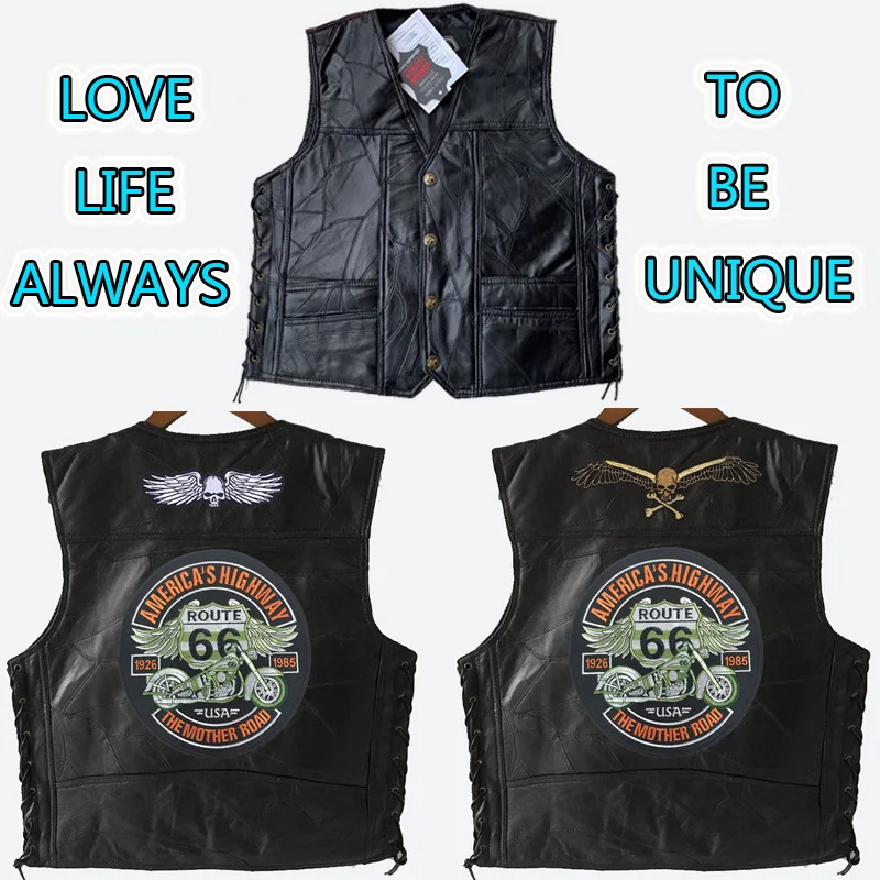 

Spring and Autumn Men Leather Vest Sleeveless Waistcoat Sheepskin Embroidery Motorcycle Vests Skulls Retro Sleeveless Biker Vest