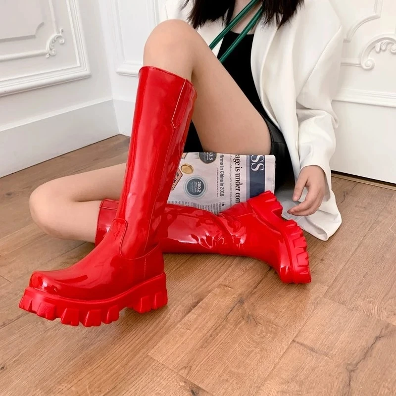 Bright Leather High Waterproof Platform Inner Heightened Round Toe Over The Knee-Length Boots Patent Leather Flat Heel Platform
