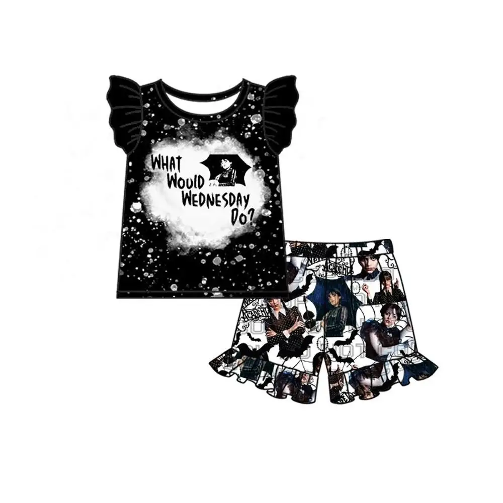 

Оптовая продажа, детские костюмы в среду, комплект с шортами для девочек с жемчужными рукавами и оборками