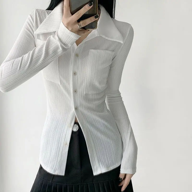 

Deeptown Korean Fashion White Shirt Elegant and Youth Aesthetic Women's Blouses Long Sleeve Black Tops Female Sexy Office Look